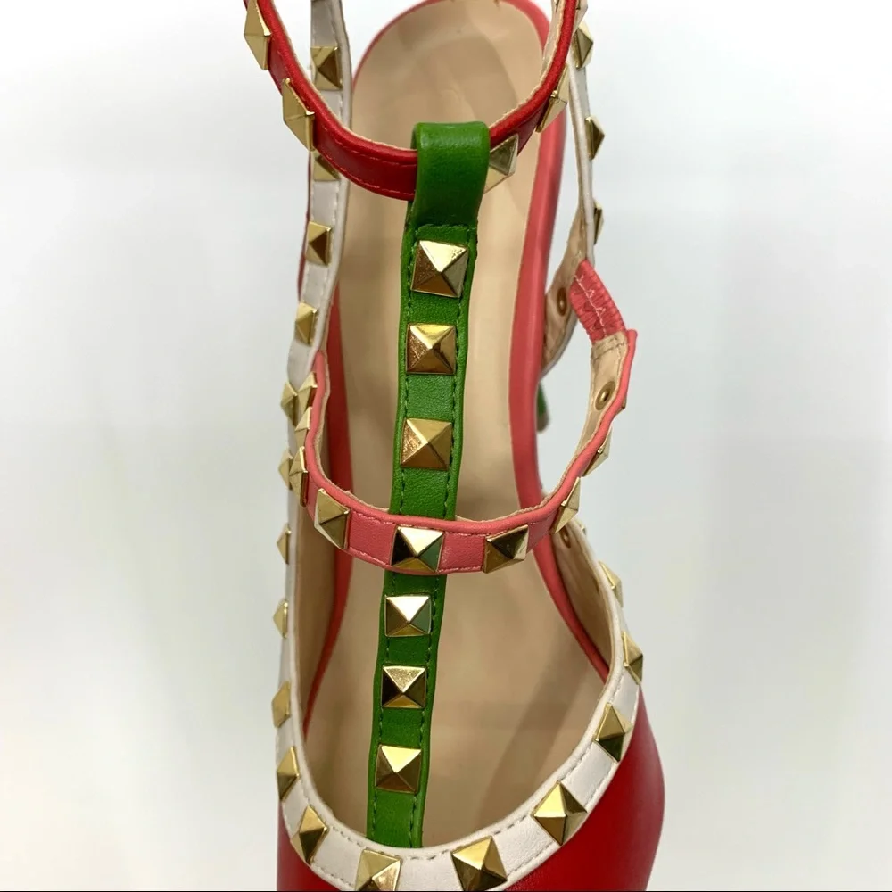 Wild Diva Lounge Red Pink Green White Colorblock Gold Studded T-Strap High Heels